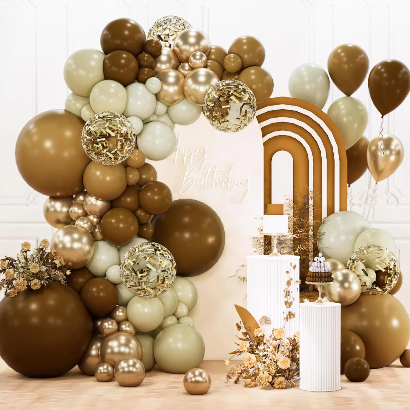 PartyWoo 142pcs Round Balloon Arch Garland Kit - 18/12/10/5in Dark Brown, White, Sand Beige, Cream, Metallic Gold Confetti Set, Decorative, Balloon Clusters, Birthday Theme, Festive for Baby Shower, Wedding, Decorative Balloons Balloons, Ba
