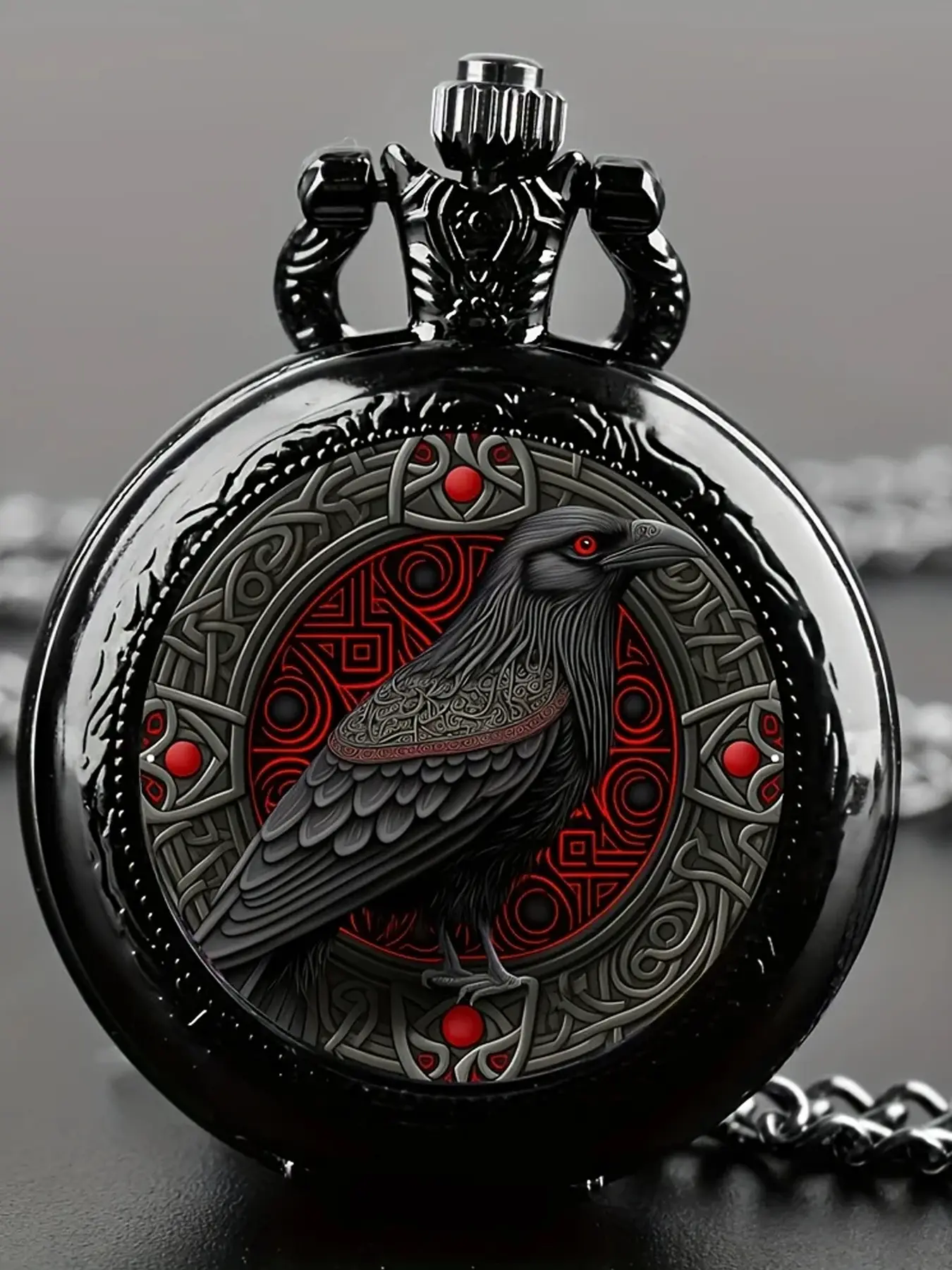 Gothic Design Black Raven Pocket Watch With Necklace Alloy Case & Band, Classic Quartz Watch, Quartz Movement, Non-Waterproof Fashionable Analog Watch for Men Women Kids, Vintage Quartz Watch, Analogue Quartz Watch, Fashion Watches