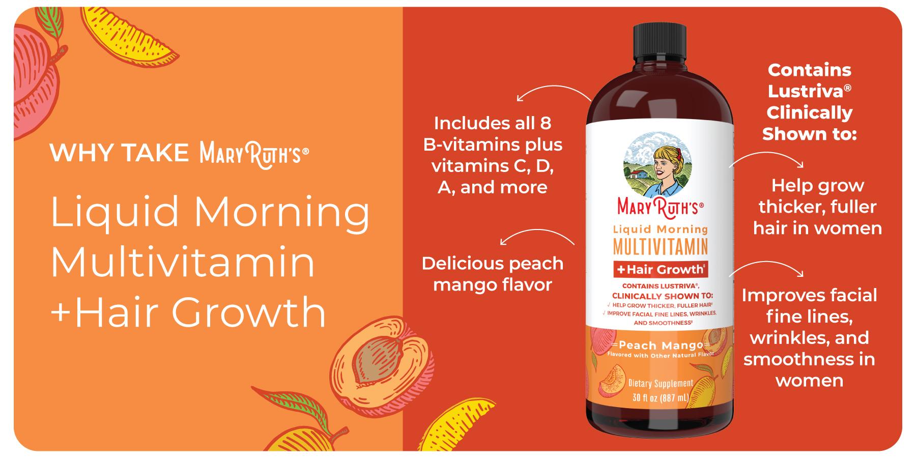 MaryRuth's Liquid Multivitamin + Hair Growth - Clinically Tested Lustriva for Thicker Hair in Women - Improve Facial Wrinkles - Vegan - 30 Fl Oz
