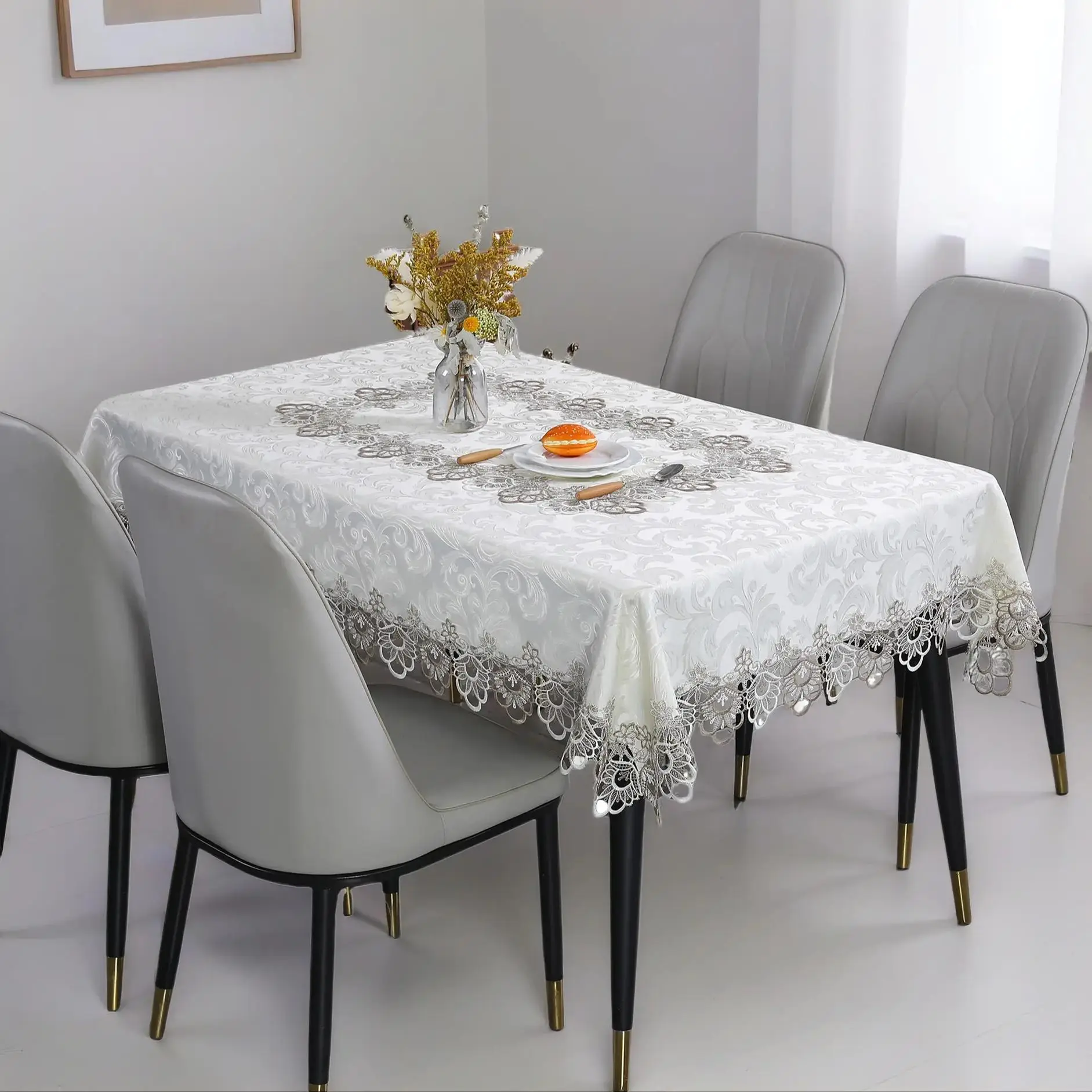 Elegant Embroidered Waterproof Tablecloth, Polyester Jacquard Fabric, Durability, High-End Home Kitchen Table Setting Decor, Perfect for Festive Christmas Parties, Aesthetic Decorative
