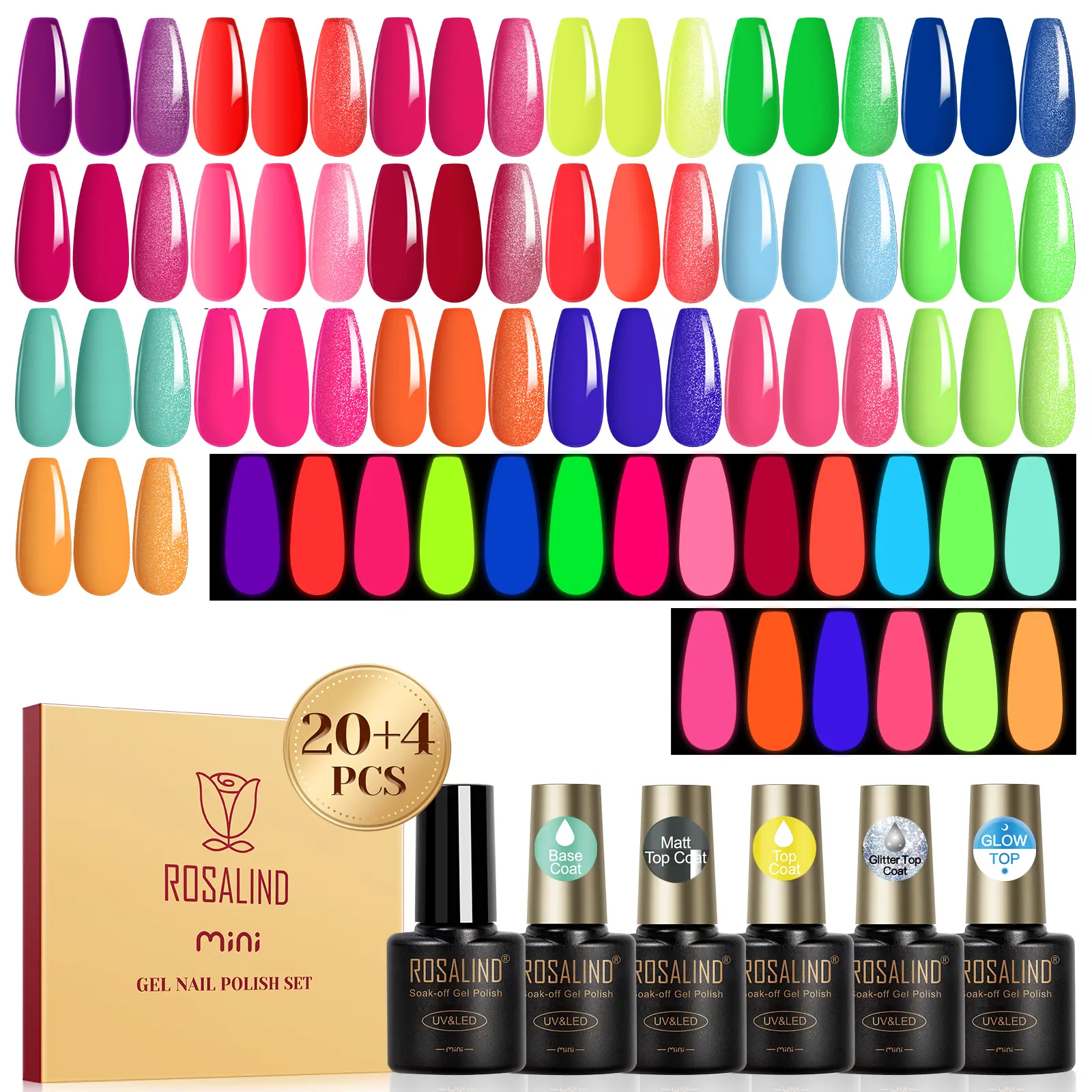 ROSALIND Spring Series Gel Polish Set Mini 19Pcs Neon Gel and 4 Functional Gel Varnishes 1 Glow in the Dark Gel Nail Polish Requires Uv Nail Lamp Long Lasting Diy Your Own Style