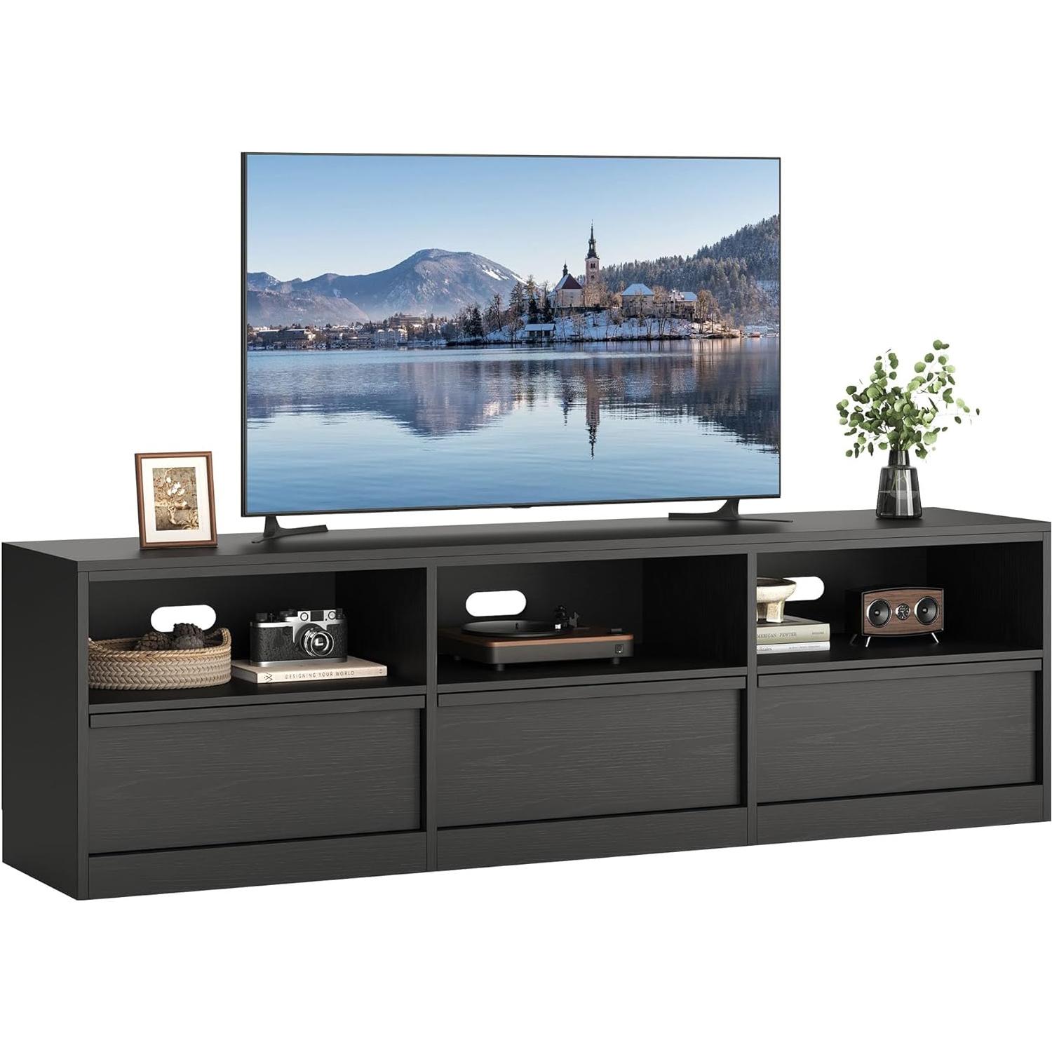 Mid Century Modern TV Stand 70" - Heavy Duty Steel-Framed Entertainment Center with Sliding Barn Doors, Open Shelving & Storage Drawer, Fits TVs Up to 85" Black