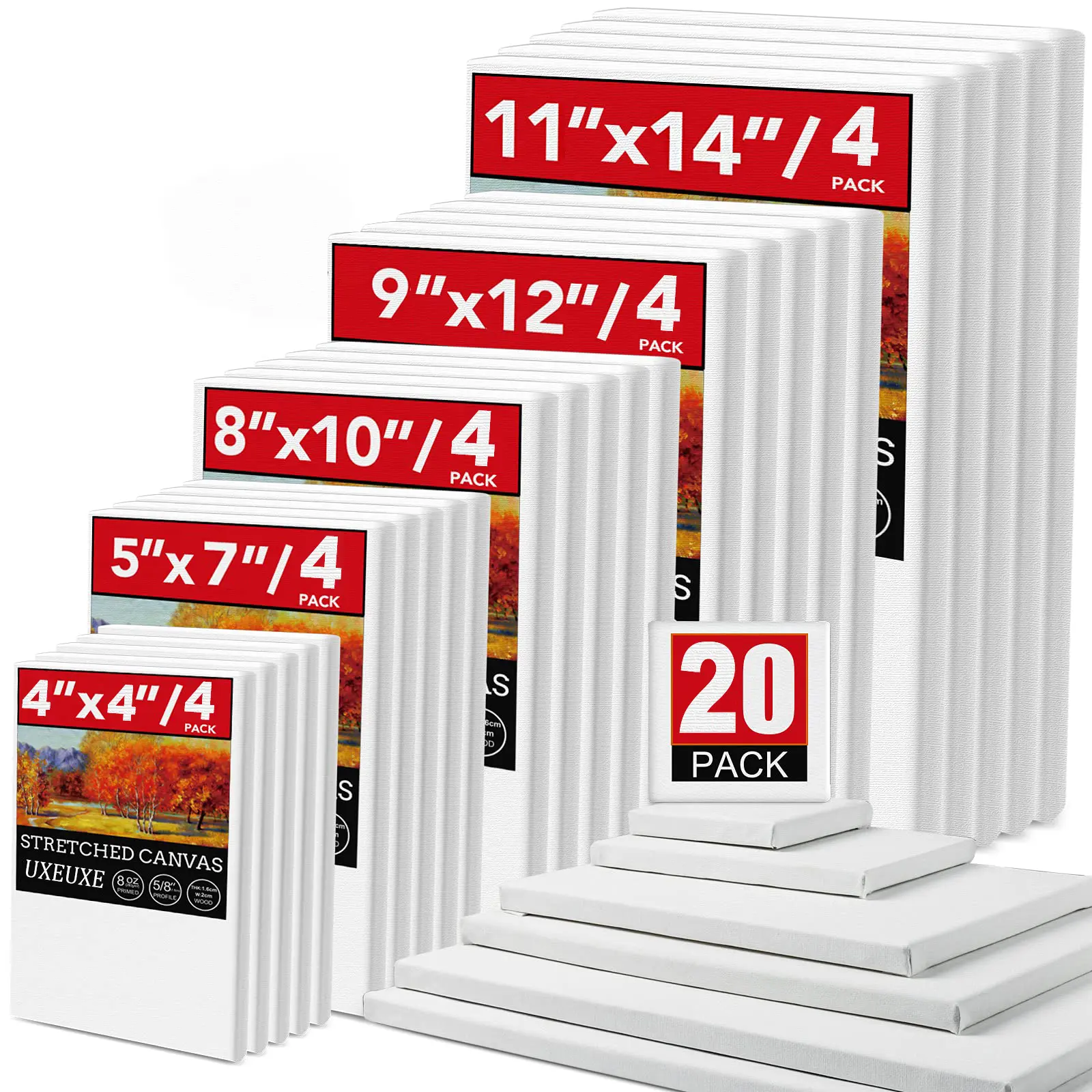 20 Pack Stretched Canvases for Painting, Multi Pack 11X14, 9.44X12, 8X10, 5X7, 4X4 (4 of Each), Blank Primed Canvas, Oil Painting, Acrylic Paint, for Beginners & Artists. Art Craft Supplies Art Drawing Supplies Art Practice Booklet Art Set