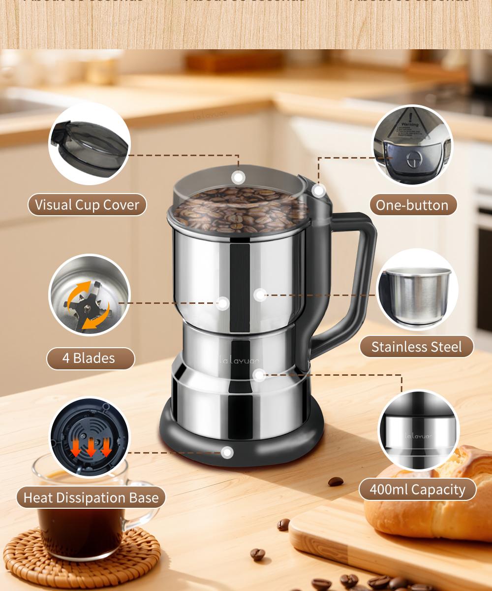 Electric Coffee Grinder Multifunctional Coffee Bean SpiceBeans Vanilla Stainless Steel Mixer 300W High PowerCrusher coffee grinder Electric Coffee Stainless SteelMeasuring Pitcher with Lid Espresso Distribution Tool withStand fast grind
