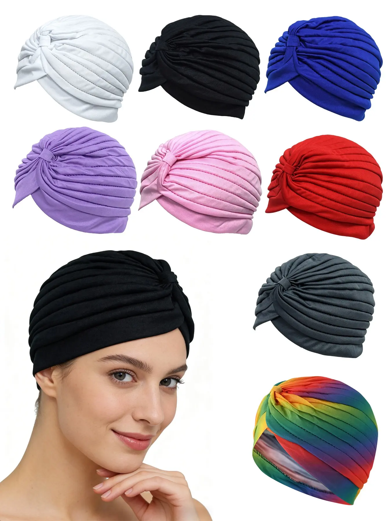 Women's Turban Cap Set,(8pcs) Fashionable Fold Design Cancer Chemotherapy Sleep Caps, Multicolor Hair Wrapping Hats, Turban Hijab, All-Season Fitted Headwear, Solid Color Turban, Turban Wraps