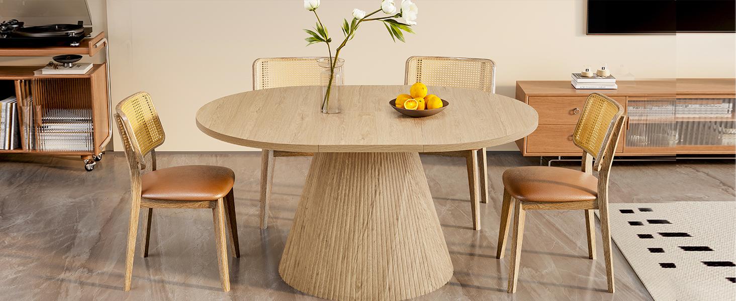 Giratree 43.3"–59" Expandable Round Dining Table for 4–8, Space-Saving Oval Dining Table with Detachable Leaves, Modern Transformer Table with Fluted Pedestal Base for Kitchen & Dining Room