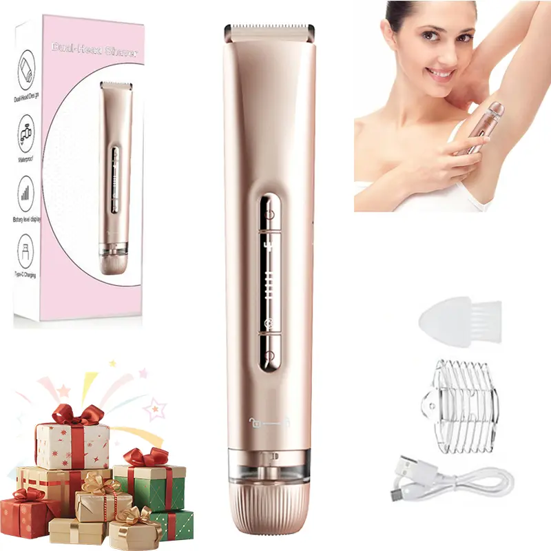 Women's 2-in-1 Cordless Portable Electric Shaver & Razor Kit - Lightweight, IPX7 Rated Waterproof Rechargeable, Dual Head Ceramic Blade, Face & Body Groomer, Wet/Dry Use, Battery, Charger, Cleaning Brush, Girlfriend Gift, Cordless Portable Shaver