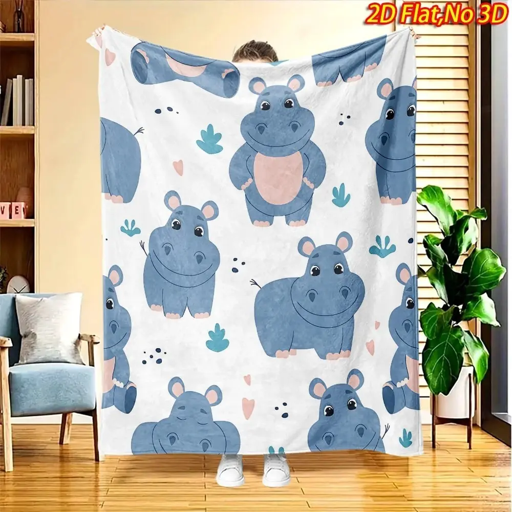 Classic Cartoon Print Flannel Fabric Throw Blanket - White Base with Blue Hippo Motif, Soft Warm Sofa Cover, Kids' Bedtime Gift for Bedroom Rest Use