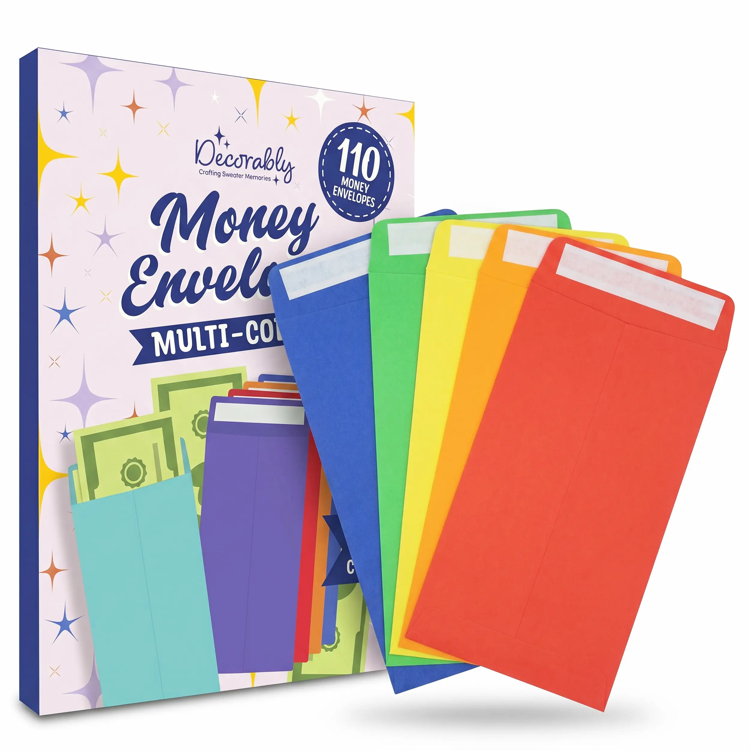 Decorably 110 Pack Colorful Money Envelopes for Cash, 6.5 x 3.5in with Self-Adhesive, Thick 100GSM, Coins, Tip, Gift, Trinkets, Small Items, Banking, Business, Jewelry