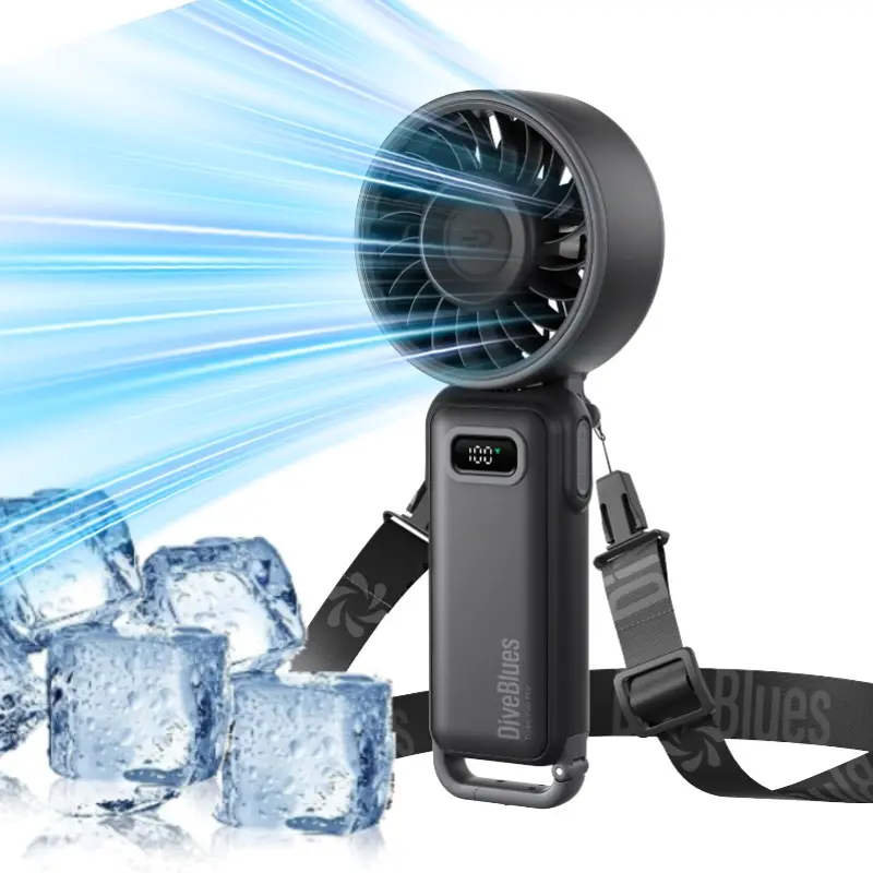 Diveblues Portable Handheld Turbo Fan, Travel Essentials, Gifts for Women/Men | 100-Speed, Up to 15H, USB-C Rechargeable, LED Display, 5-in-1 Foldable Personal Fan for Cruise, Beach, Vacation