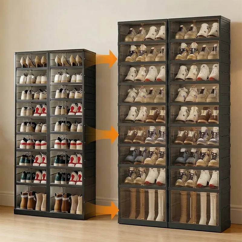 NLDD Extra-Wide & Tall 9-Tier Shoe Cabinet Holds 18 Pairs Clear Doors Wheels for Effortless Storage Stackable Reinforced Frame Ventilation Holes, Shoe Box, Shoe Rack Organizer
