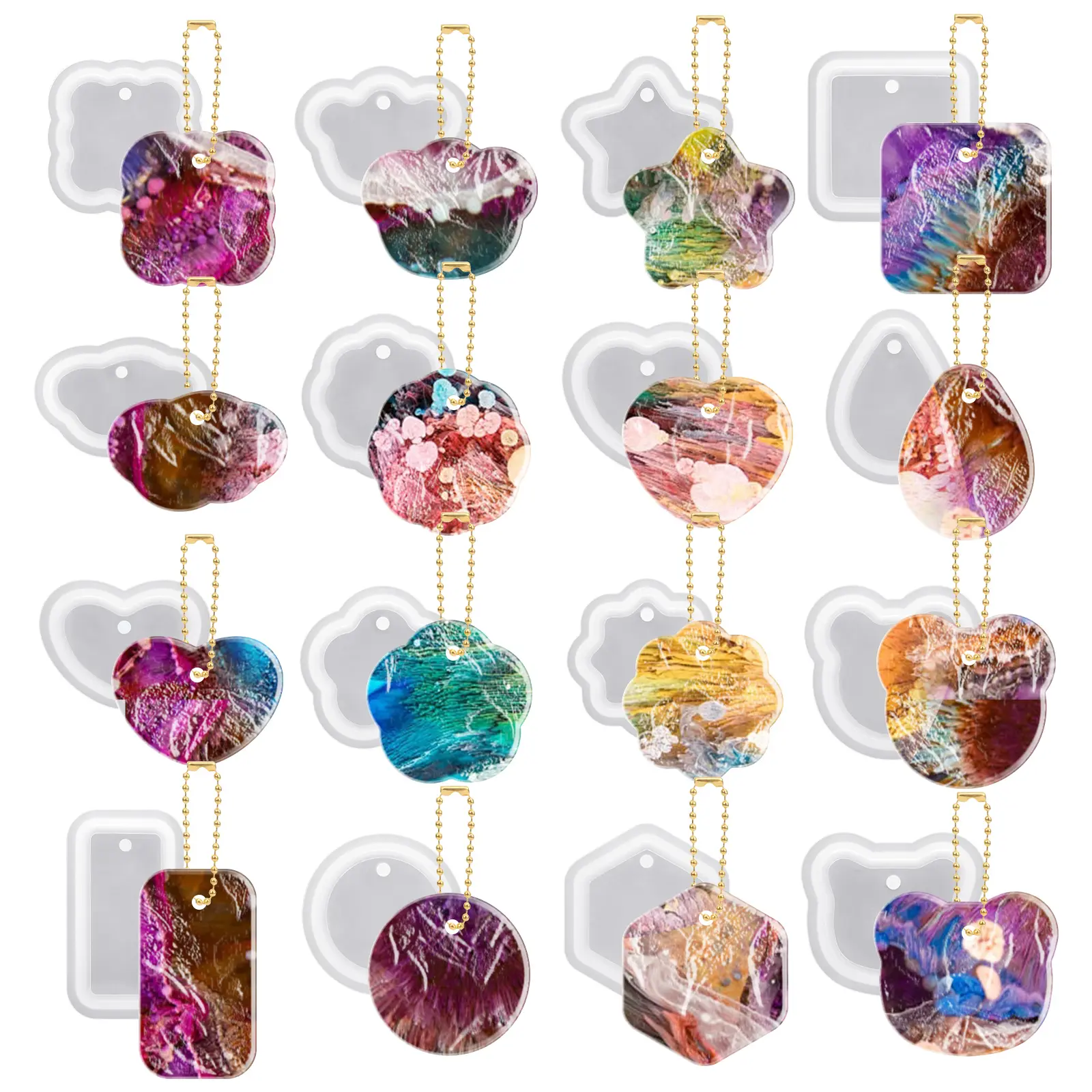 16Pcs Geometric Keychain Resin Molds Set - silicone  Molds with Hanging Hole,DIY Creative Gift for Jewelry Earrings Charm Pendant Pet Tag Making