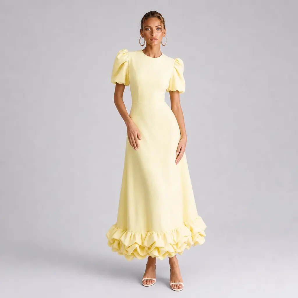 LikeMyChoice Puff Sleeve Round Neck Ruffle Hem Midi Dress Elegant Modest Wedding Guest Casual Formal Dress For Women