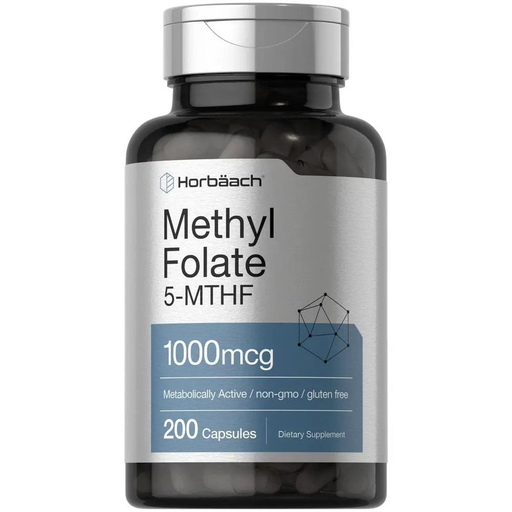 Horbäach Methyl Folate Supplement | 1000 mcg | 200 Capsules | 5-MTHF | Folic Acid | Non-GMO, Gluten Free Methylfolate