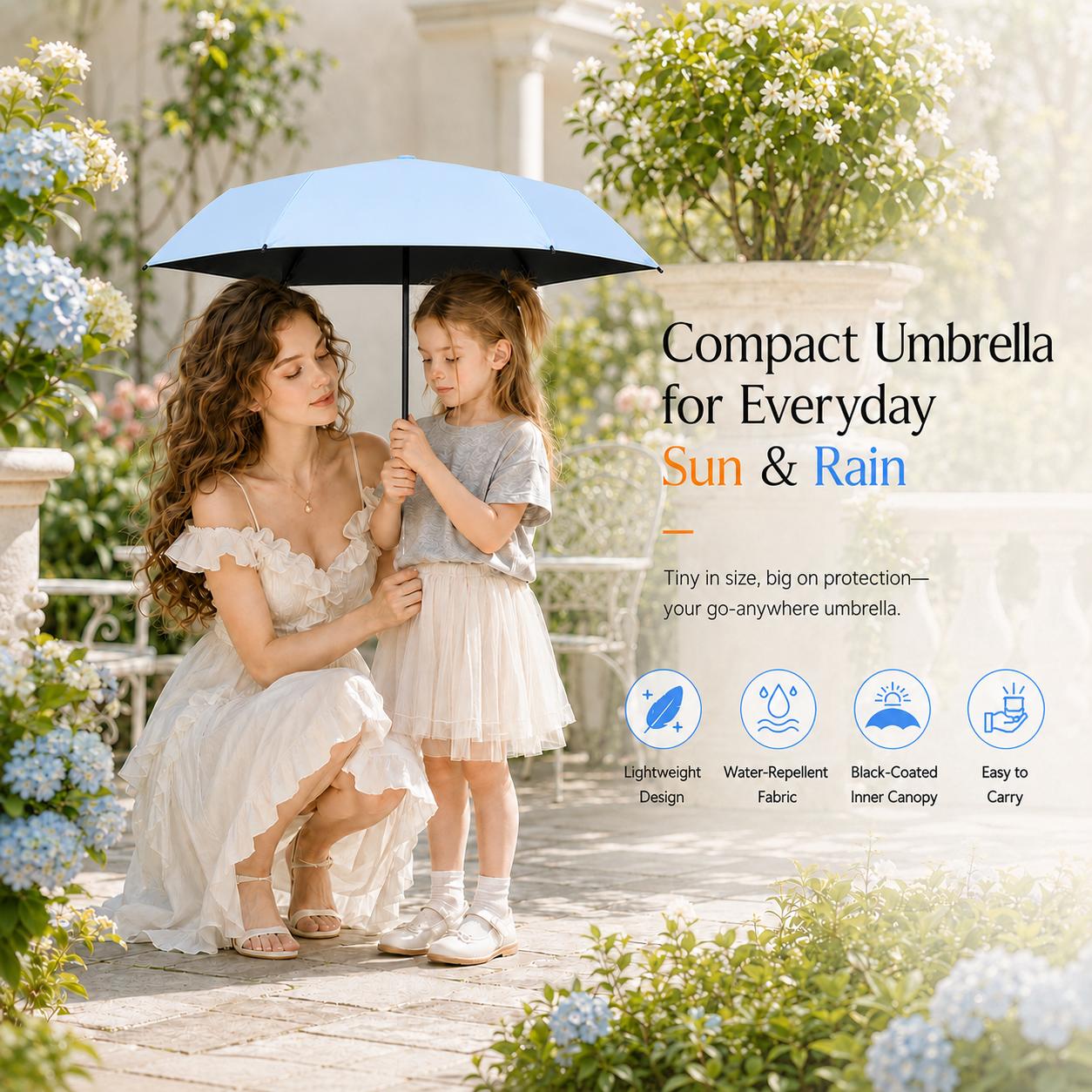 Mini Folding Pocket Umbrella, UPF50+ Sun Protection, Water-Repellent Compact Travel Umbrella with Blackout Inner Coating, Lightweight Portable Design for Purse, Mini Bag, Backpack, Car, Beach, Daily Commute, Summer Trips, Outdoor Use, Women, Men and Teens