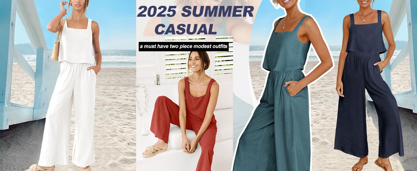 ANRABESS Women's 2 Piece Outfits Square Neck Linen Sleeveless Tank Crop Top Wide Leg Pants Matching Lounge Set Summer Tracksuit Casual Womenswear