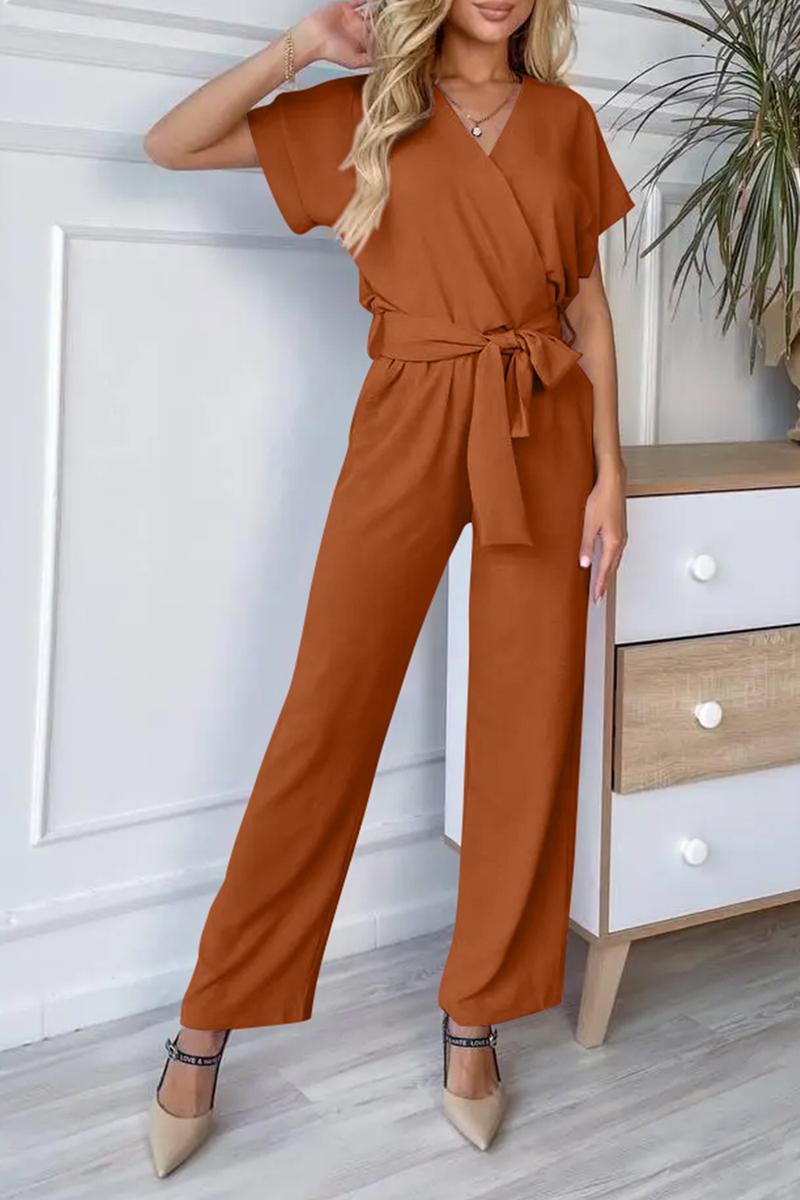 PrettyGarden Women's Jumpsuit Casual Short Sleeve Wrap V Neck Belted Wide Leg Pants Women‘’swear Dressy Romper