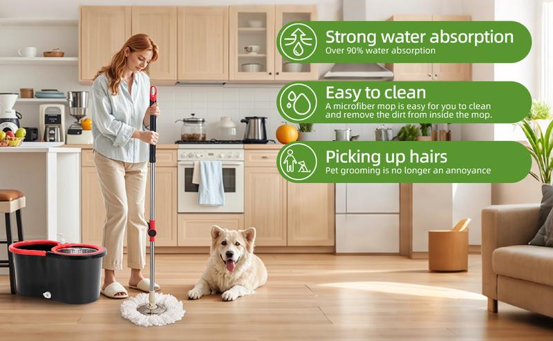 Spin Mop Bucket with Wringer Set Operable 360° Rotating Mop Bucket Set with 3 Microfiber Replacement Heads Stainless Steel 49 Inch Adjustable Handle Household Cleaning Tools Black Plastic