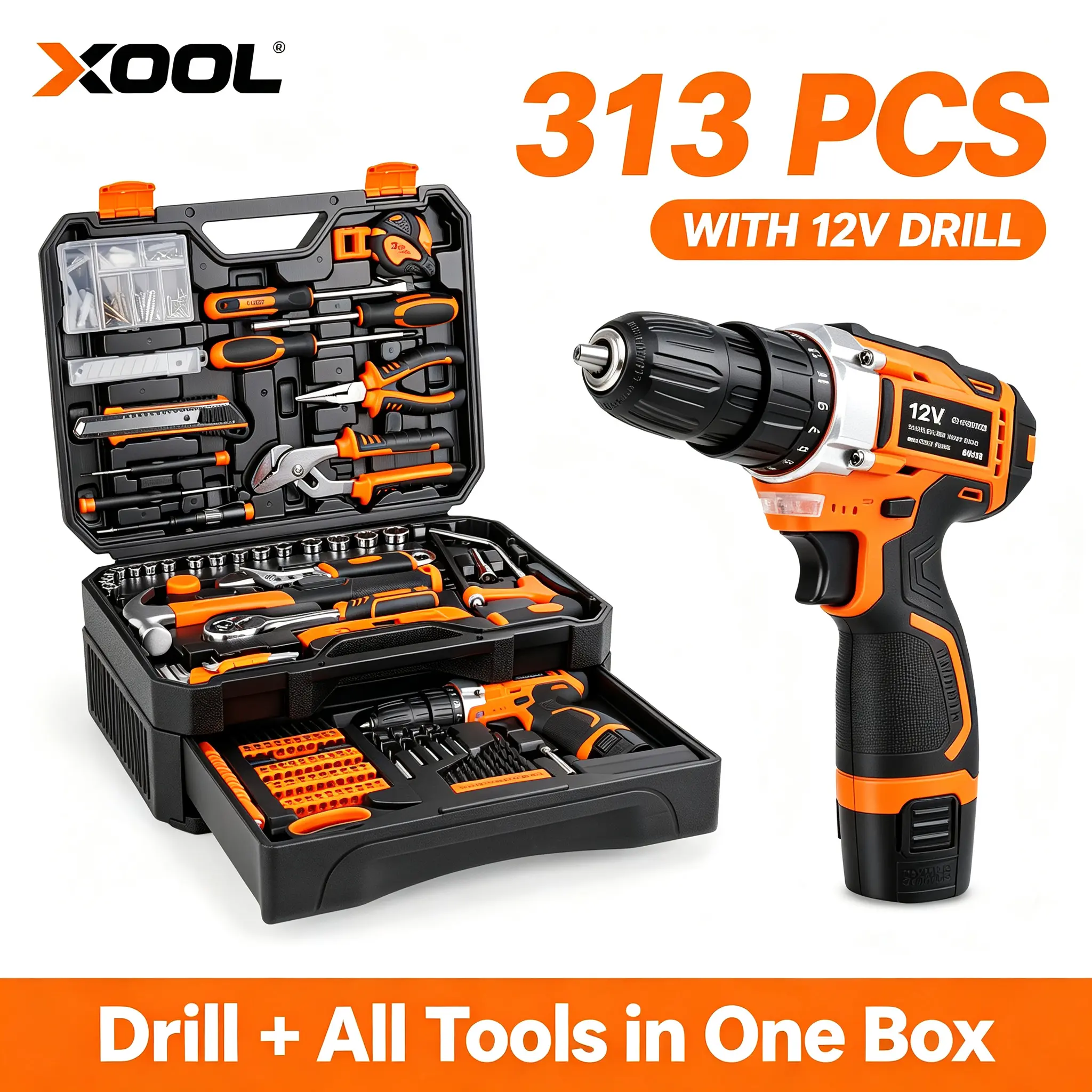 XOOL 313-Piece Carbon Steel Power Tool Set with 12V Cordless Brushless Drill, Rolling Toolbox with Slide-Out Drawer, 1550 rpm Portable Home Repair Kit for DIY Users