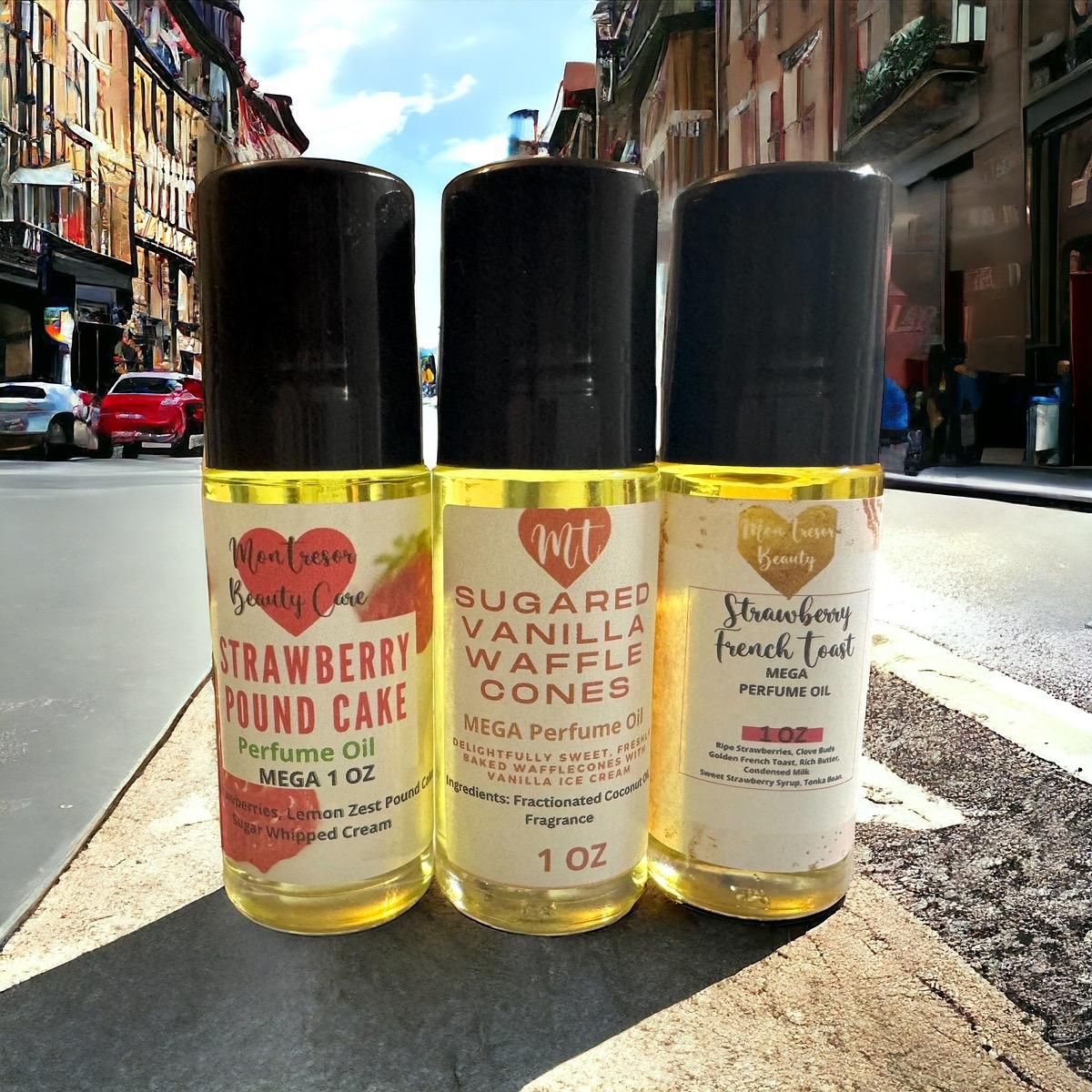 Strawberry Pound Cake type Mega 1 oz Body Oil Roll-On with Sugared Vanilla Waffle Cone & Strawberry French Toast - Aroma Fragrance Scent Blend