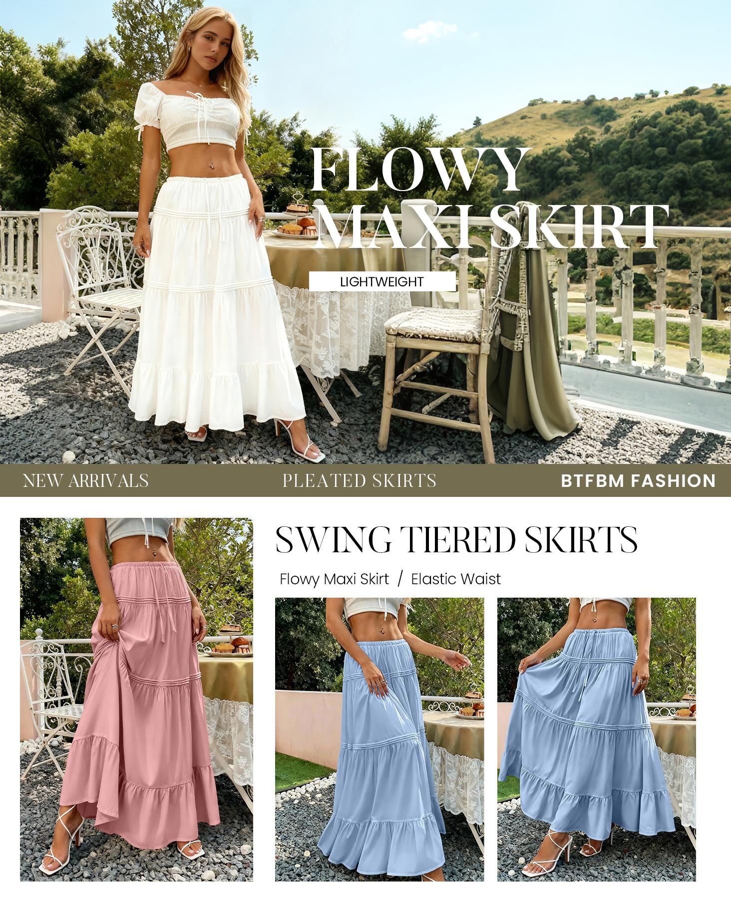 BTFBM Skirts for Women 2026 Summer Boho Beach Vacation Clothes Casual Pleated High Waisted Flowy Maxi Skirt