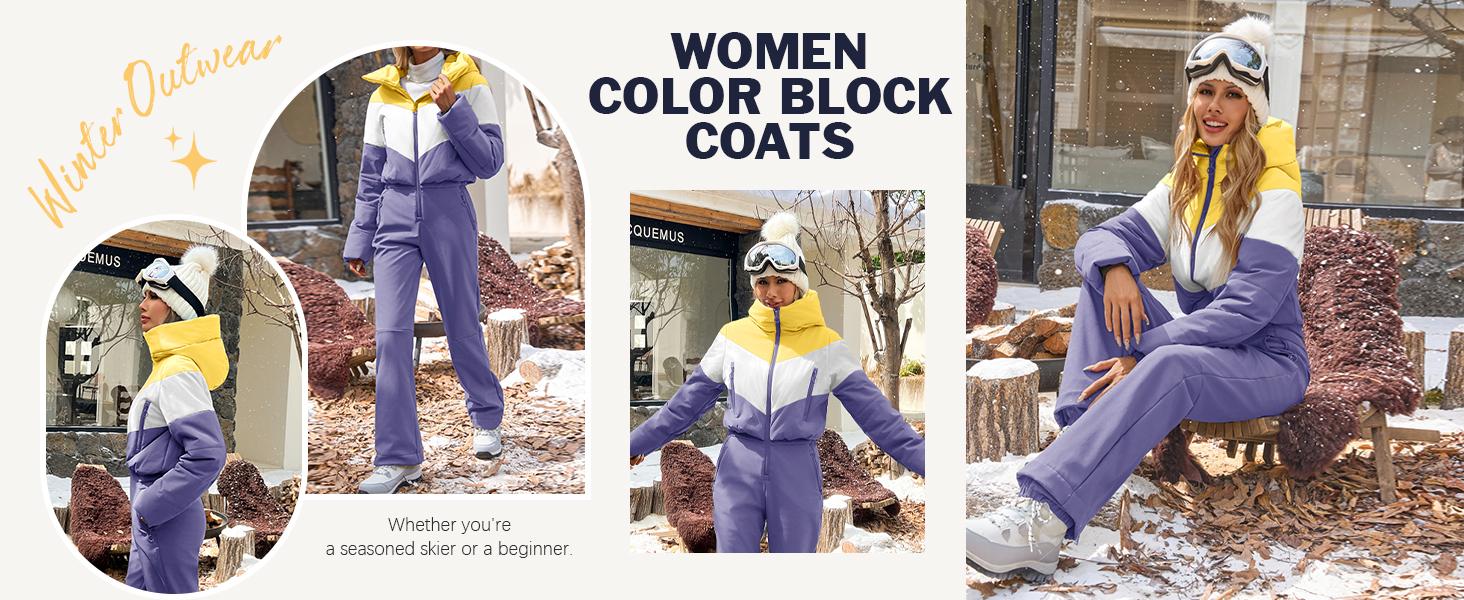 Fisoew Womens One Piece Ski Suit Warm Waterproof Snowsuits Winter Snow Jumpsuits Outdoor Sports Outerwear