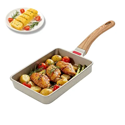 Japanese Tamagoyaki Pan - Nonstick Rectangular Aluminium Stove Cookware with Heat-Resistant Wooden Handle, Lightweight Induction-Compatible Tool for Breakfast, Bacon & Pancakes, Snack, Everyday Meals