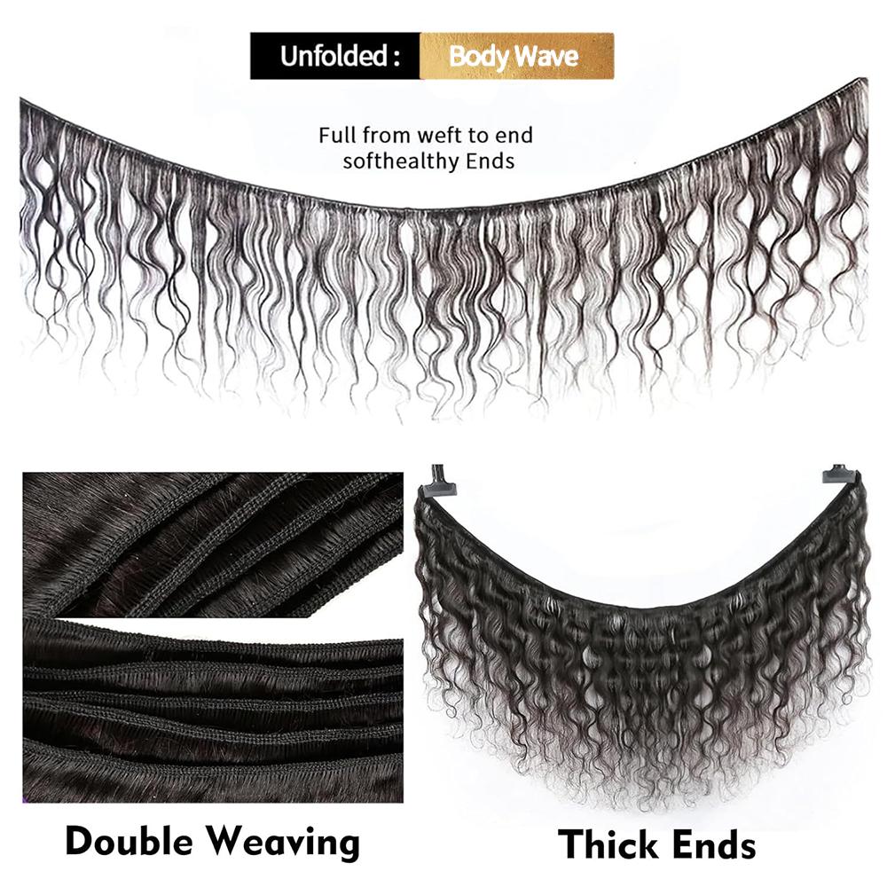 Ramiss 12A Human Hair Bundles with 2x6 Closure Brazilian Body Wave 3 Bundles Human Hair with 2x6 4x4 Lace Closure 100% Unprocessed Virgin Human Hair Weave