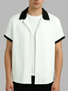 ZAFUL Men's Vintage Colorblock Jacquard Textured Camp Collar Button Up Short Sleeves Shirt with Embroidered Details Fabric Casual Classic Sleeve Button Down Shirt linen outfits