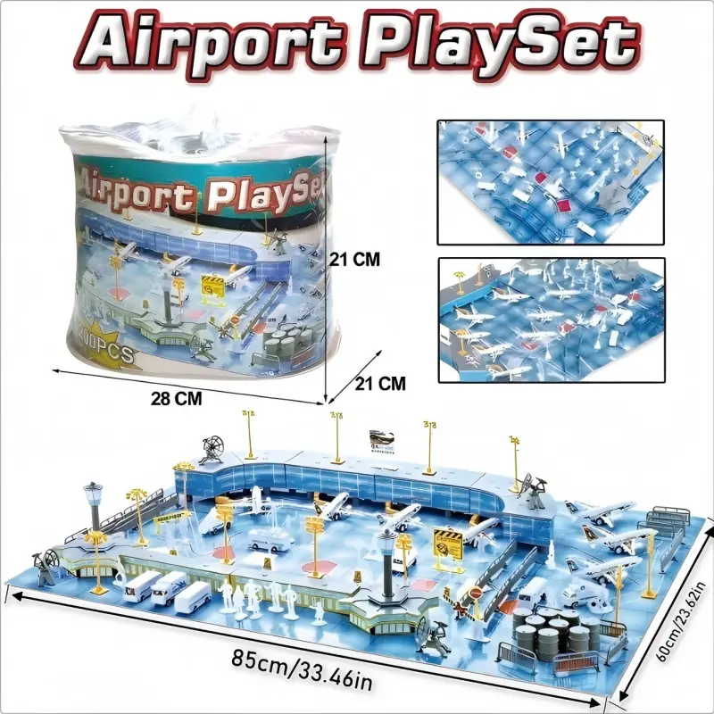 200-Piece BPA-Free Portable Plastic Airport Playset - Playful STEM Learning Toy Kit for 3-4 Years Unisex Toddlers with Storage Bag, Play Mat, Planes, Terminal, Vehicles, Figures, Screen-Free Birthday Gift