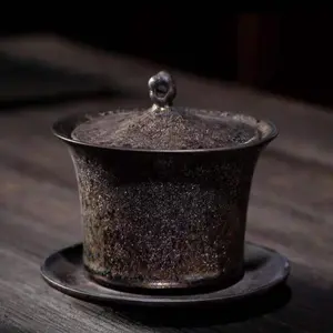 Gilt Ceramic Gaiwan Set — Three-Piece Japanese Retro Style, Thick Earthenware Tea Ware with Heat-Resistant Bowl