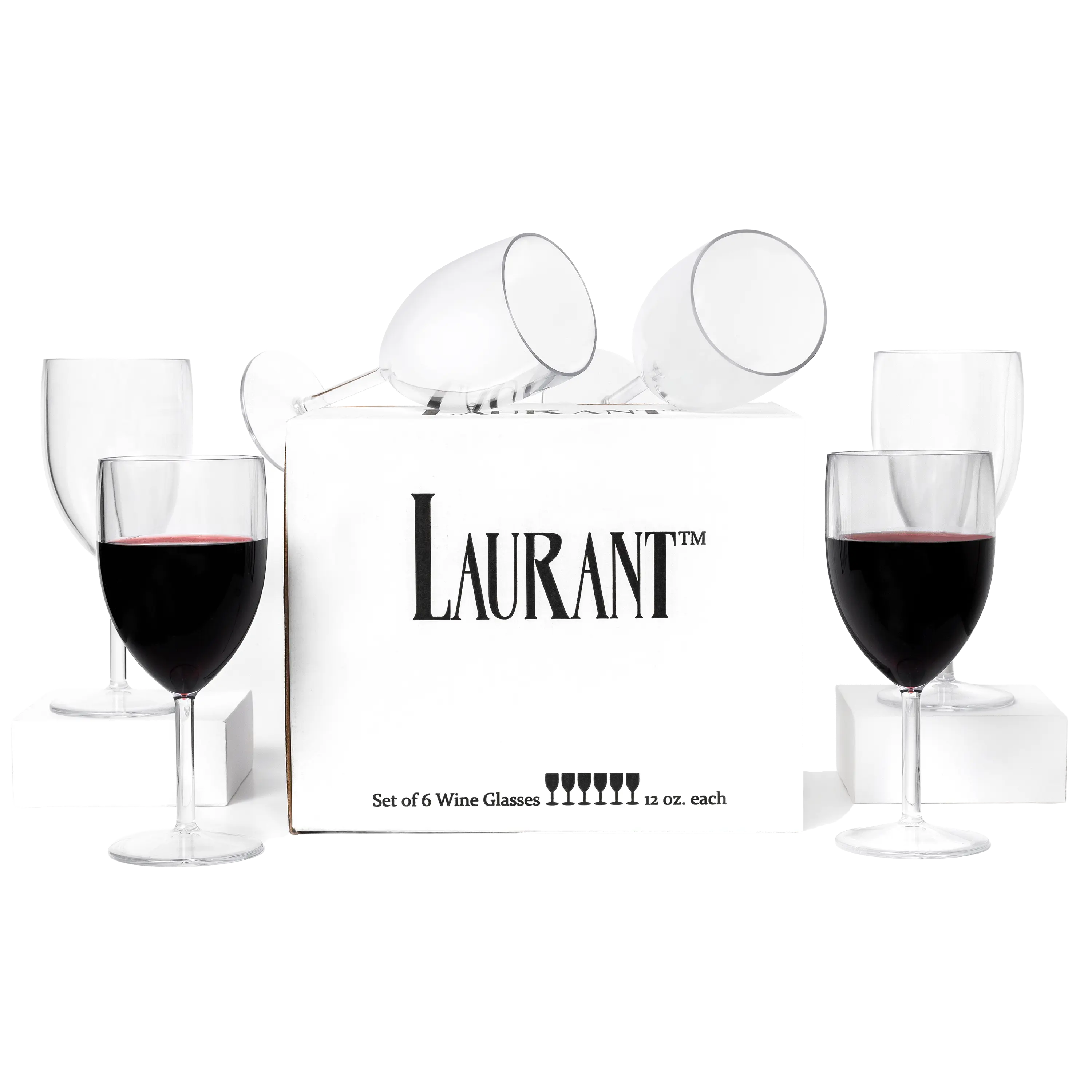 Laurant Clear Polystyrene Wine Glasses 12 oz – Lightweight, Clear, Reusable (Set of 6, BPA-Free)