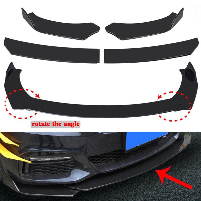 Glossy Front Bumper Lip Kit, Universal Car Bumper Protection Kit - Adjustable 4-Section Front Bumper Lip, Black Chin Spoiler Splitter, Rear Lip & Side Skirt, Easy Install & Durable Design, Fits Honda Toyota Mazda Nissan Ford Mercedes-Benz Hyundai Subaru