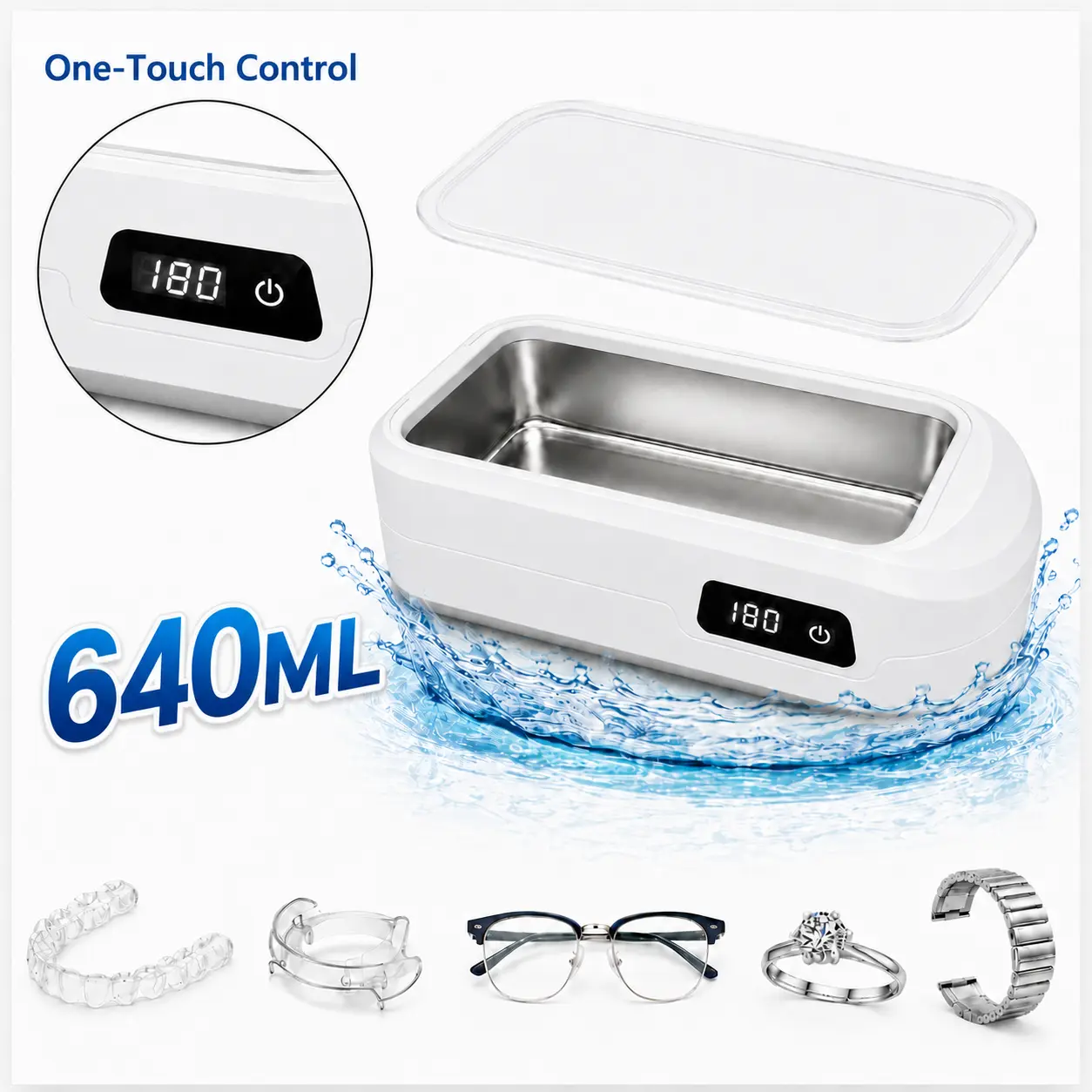 640ML Large-Capacity Ultrasonic Cleaner Machine, Household Sonic Cleaning Device with 49kHz Cleaning and Digital Display for Eyeglasses, Jewelry, Retainers, Dentures, Watch Bands and Small Items day gift idea