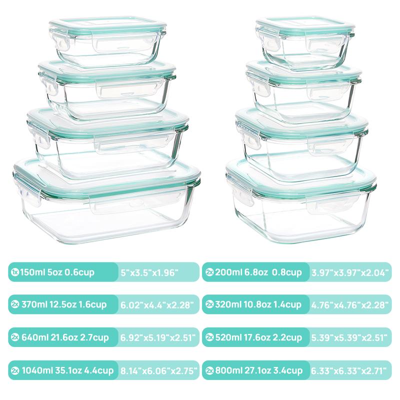 Vtopmart 18 Pack Glass Food Storage Containers with Airtight Lids, BPA Free, Reusable for Meal Prep, Lunch, Salads, Soups, Freshness Kitchen Rectangle Square Silicone