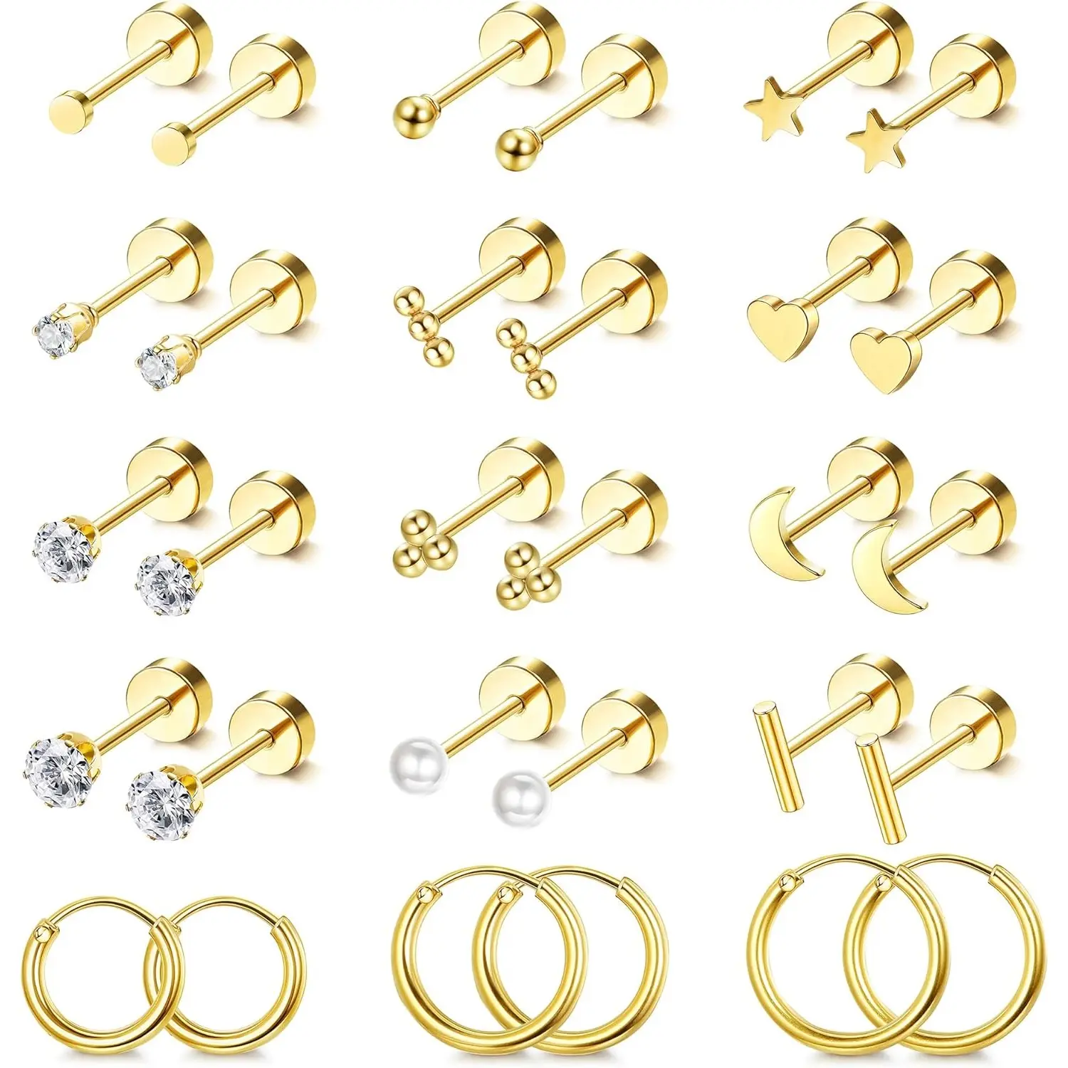 Stylish Small Hypoallergenic Flat Back Stud Earrings for Women Men 14K Gold Plated Surgical Stainless Steel Earring Sets Tiny Screw Back Cartilage Earring