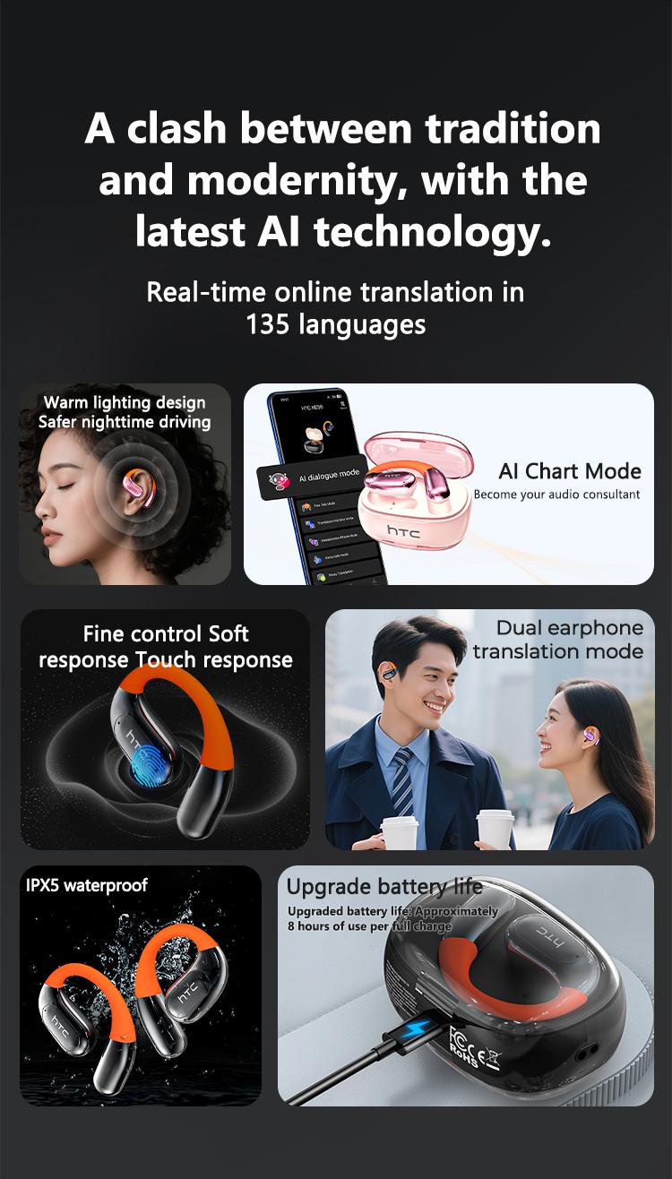 HTC NE36  intelligence AI audifonos bluetooth 134 languages worldwide translatorearbuds 5.4 Wireless Earphones bone conduction headphones | Suitable for Office, Sports, Study and Audio Calls | Built-in Microphone | Earphones