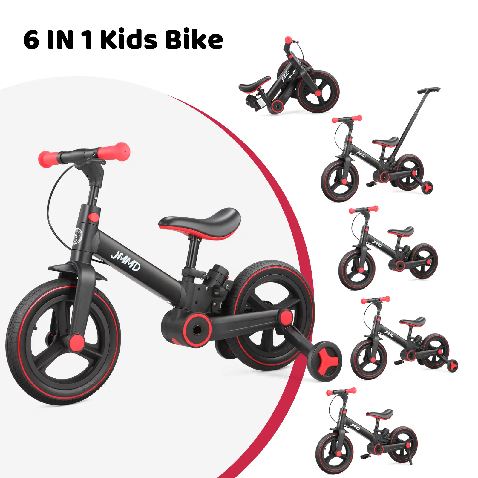 【ChristmasGifts】JMMD 6-in-1 Multi-Functional Toddler Balance Bike (18-60M) - Kids Outdoor Toys with Training Wheels, Pedals, Push Handle, Brakes, Kickstand, Unisex Ride-On for Christmas, First Birthday Gifts, Baby Bicycles backtoschool