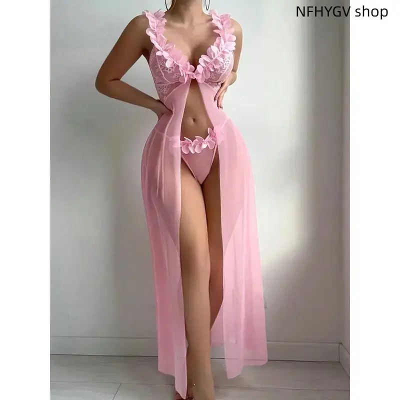 Lingerie Sets, Womens 2 Piece Floral Lace Mesh Sleepwear, Patchwork Night Gown with Matching Panty, Soft Sheer Intimate Wear for Bedroom Relaxation and Romantic Moments
