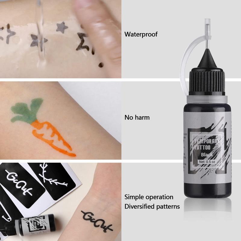 Temporary Tattoo Kit 10 Bottles Color Inks, 84 Pcs Stencils Kit for Body Paint DIY Tattoos Temp, DIY Fake Tattoo for Women Kids (Black*2, Cyan, Red, Green, Blue, Purple, Brown*2, Orange)