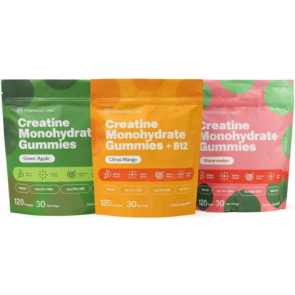 VYBRANCE LABS Creatine Gummies for Women & Men 3 Pack — First & Only 5g Creatine + Taurine + Vitamin B12 | Vegan Creatine Gummies | Sugar-Free | Sour Green Apple & Citrus Mango & Watermelon