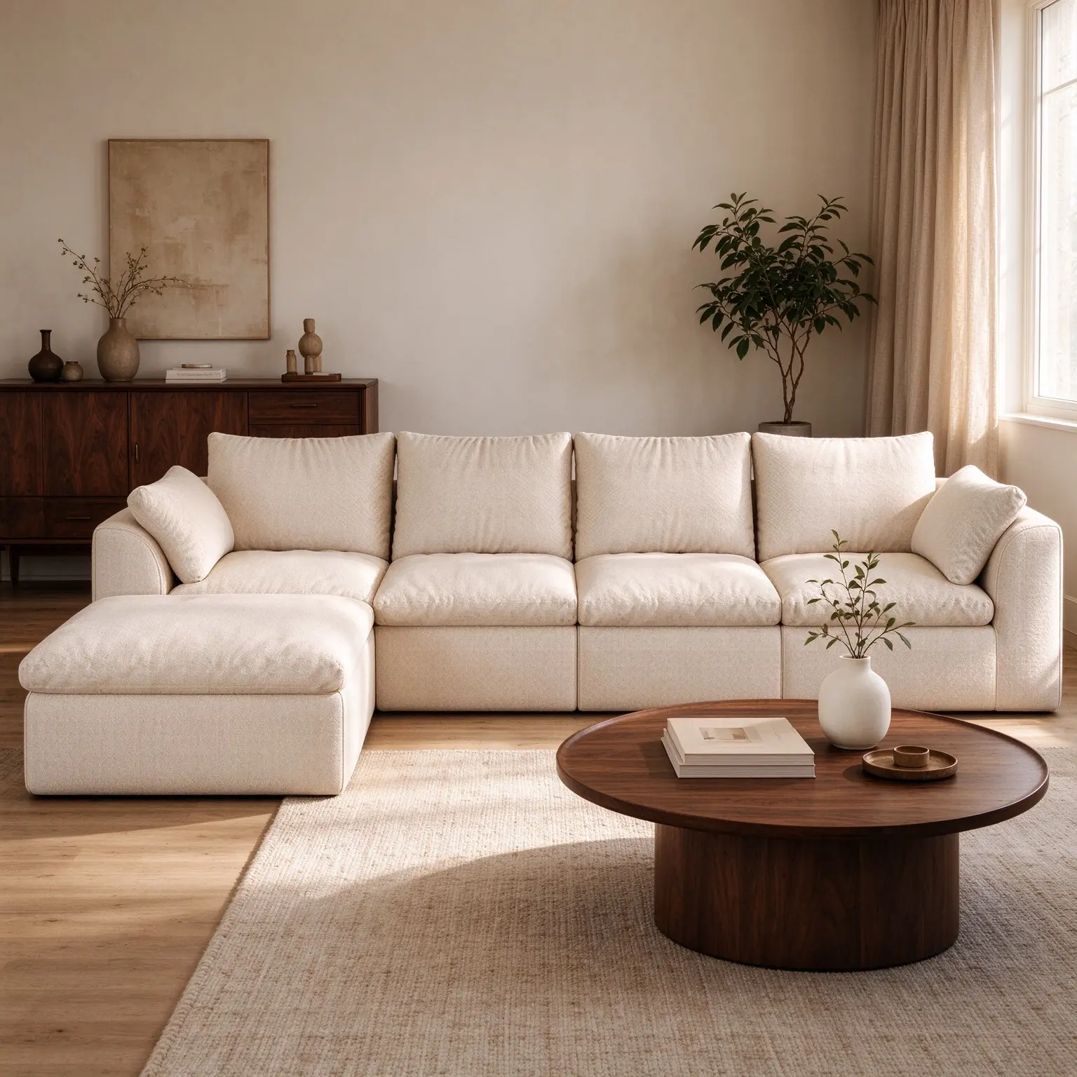 137.9" Vacuum Packed Cloud Sofa, 5-Seater L-Shaped Modular Compressed Sectional Couch with Chaise Lounge, Removable Slipcovers, Linen Fabric Foam Filled Sofa for Living Room, White