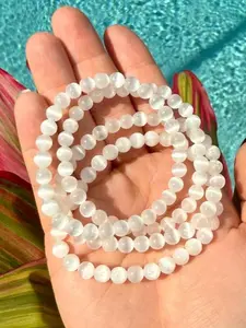 Natural Selenite 6mm Beaded Stretch Bracelet | White Translucent Gypsum Jewelry