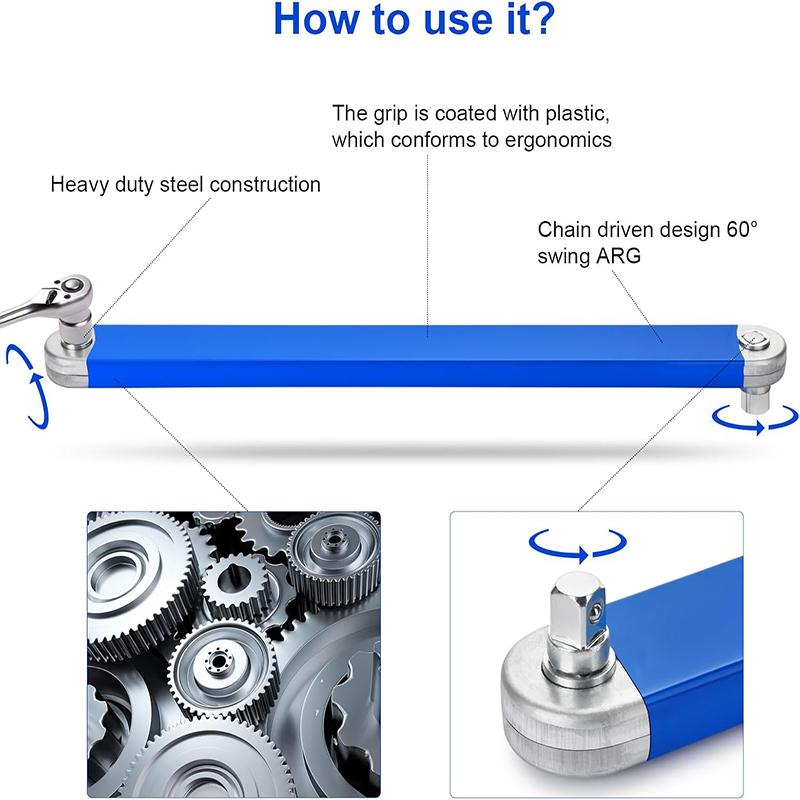 Heavy Duty Steel Offset Extension Wrench Set With 1/2-inch, 1/4-inch, 3/8-inch Drive Adapters, Adjustable 60° Swing Arm, Chain Drive, Ergonomic Grip, Pentagon Head Versatile Extension Mechanic's Tools Universal Extensions Wrench for Small Place