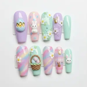 Handmade 3D Easter Bunny Press On Nails, Pastel Easter Nail Art, Christian Religious