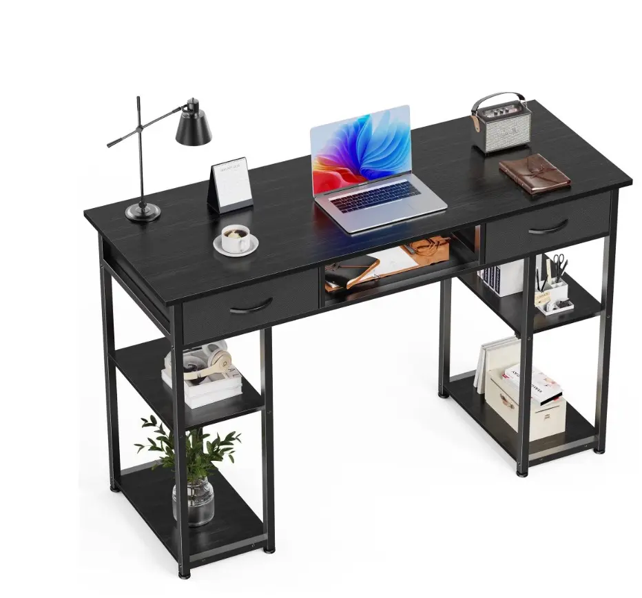 Small Desk with Fabric Drawers & Storage Shelves, 48 Inch Computer Desk Modern Writing Desk Study Table for Home Office, Balck