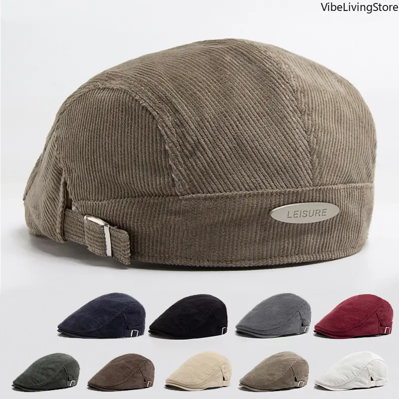 Unisex Vintage Corduroy Newsboy Hat - Reversible Thick Warm Flat Cap, Basic Daily Bag Strap & Chain Accessory for Spring, Autumn, Coffee, Grey