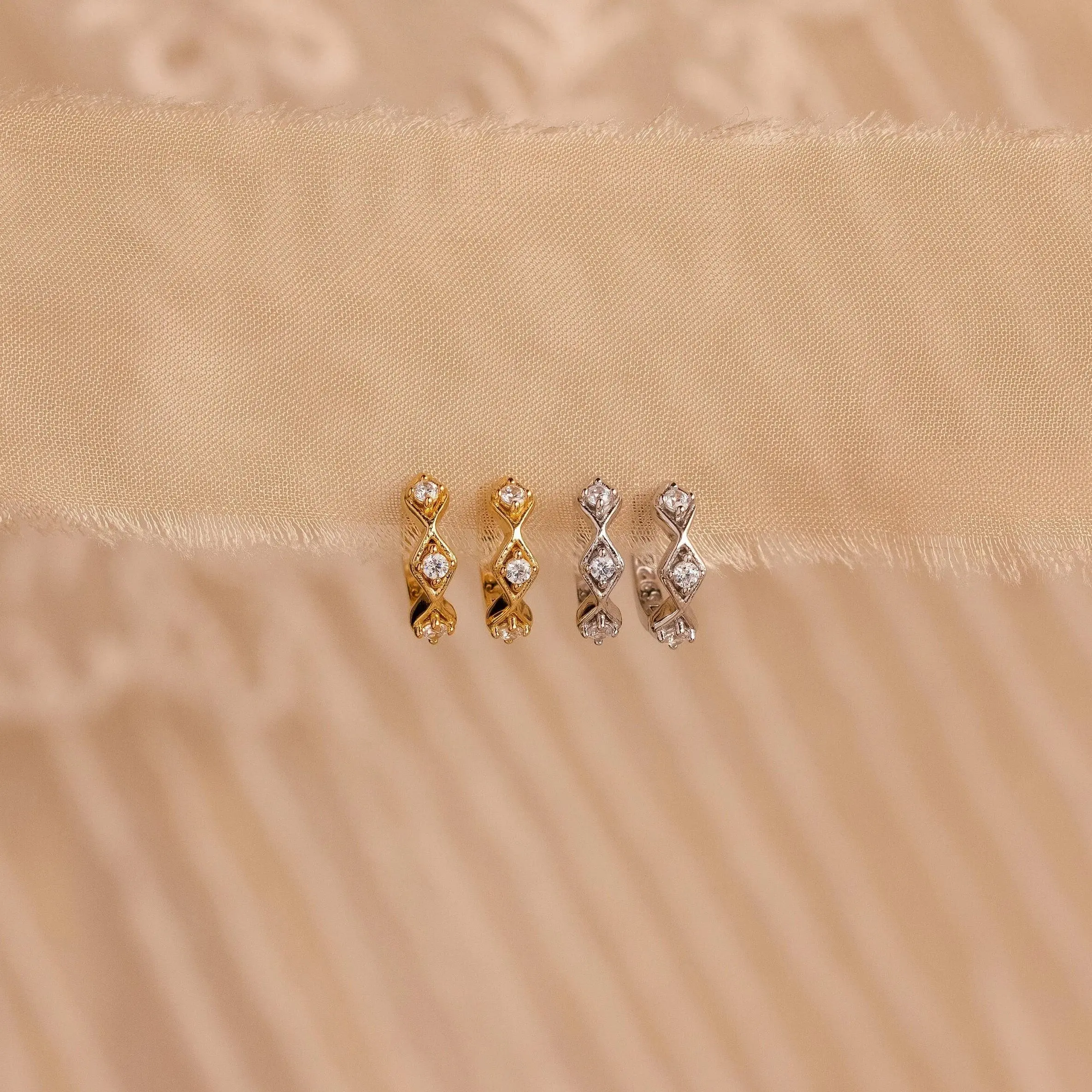 Ericka Diamond Tennis Huggies by Caitlyn Minimalist - Geometric Diamond Huggie Hoop Earrings in Gold & Silver - Delicate Art Deco Earrings - Unique Jewelry Gift