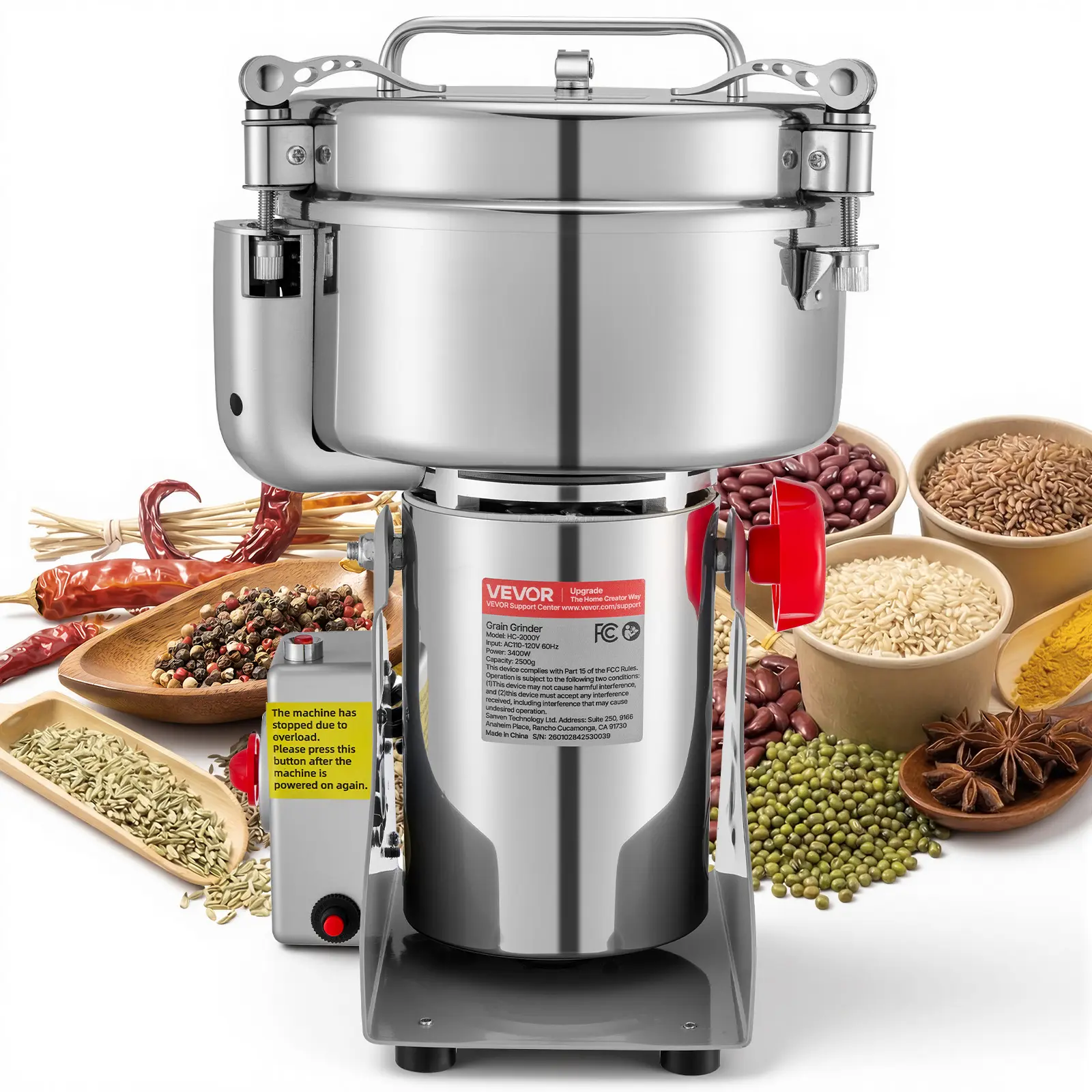 【Summerfinds】VEVOR 2kg Stainless Steel Electric Grain Mill Grinder, 3400W Motor 32000RPM High-Speed Pulverizer, 30–300 Mesh Control Auto Stop Lid Machine for Dried Grains, Coffee Beans (270° Swing Type), Dry Grinding