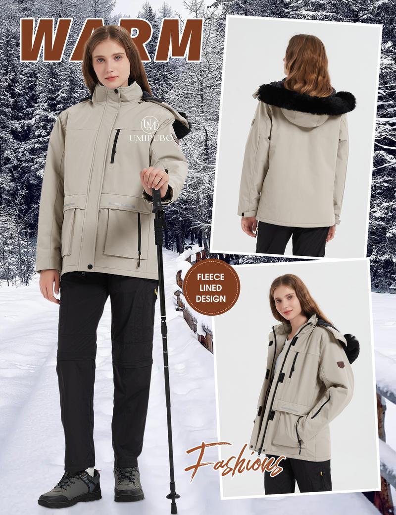 UMIPUBO Women's Waterproof Ski Jacket Warm Winter Coat Mountain Windproof Fleece Jacket Outdoor Hiking Jacket with Removable Hood
